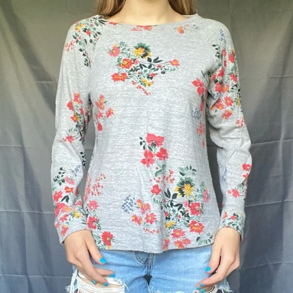 Loft Medium Floral Grey Crewneck Sweater 100% Cotton - Picture 1 of 7